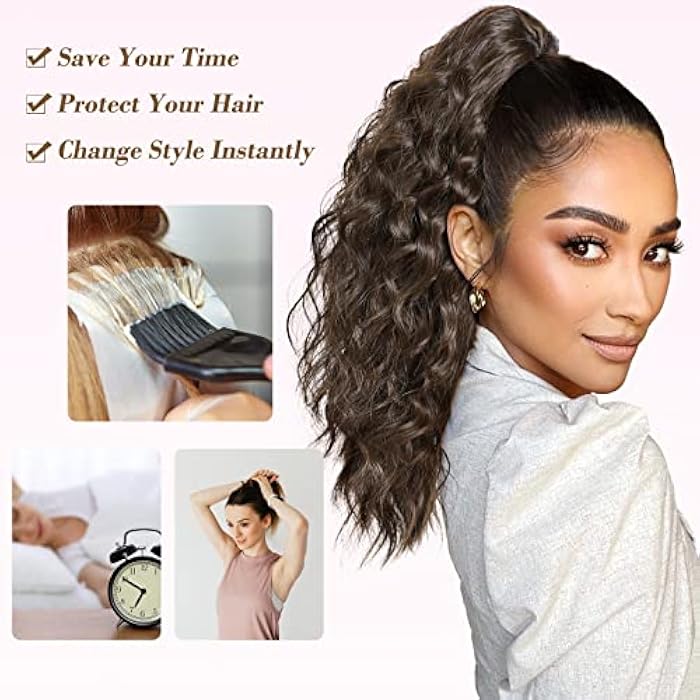 REECHO 18 Inch Claw Multi Layered Clip on Ponytail Extension for Women - Long Curly Wavy Hair Extensions, Natural Fluffy Synthetic Clip in Hairpiece for Daily Use - Black Brown - Image 5